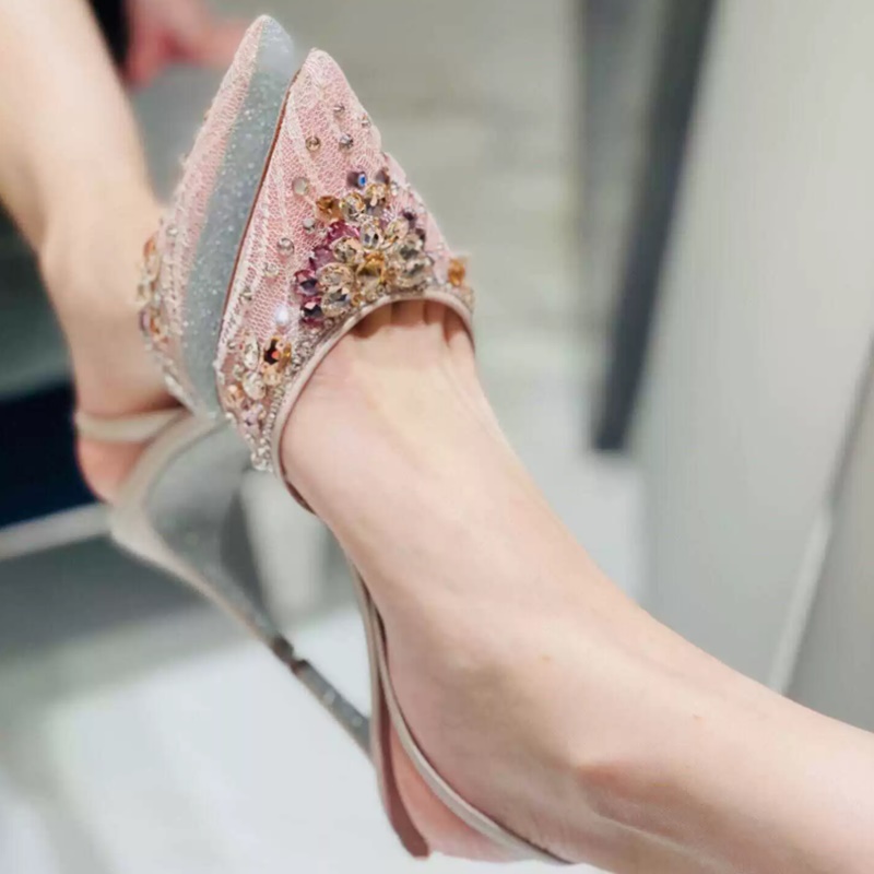 Slingback Heel Formal - Sparkling Rhinestone White Lace Slingback Stiletto