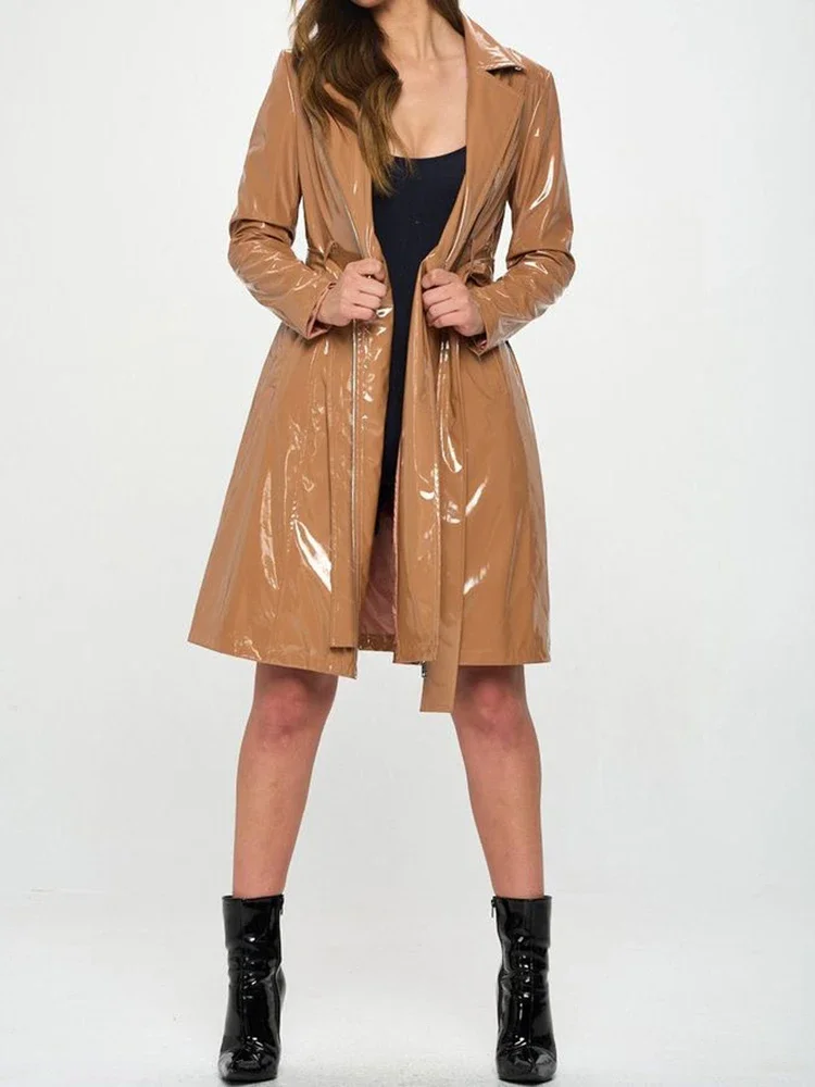 Trench Coat Formal - Women Shiny Faux Leather Tie Up