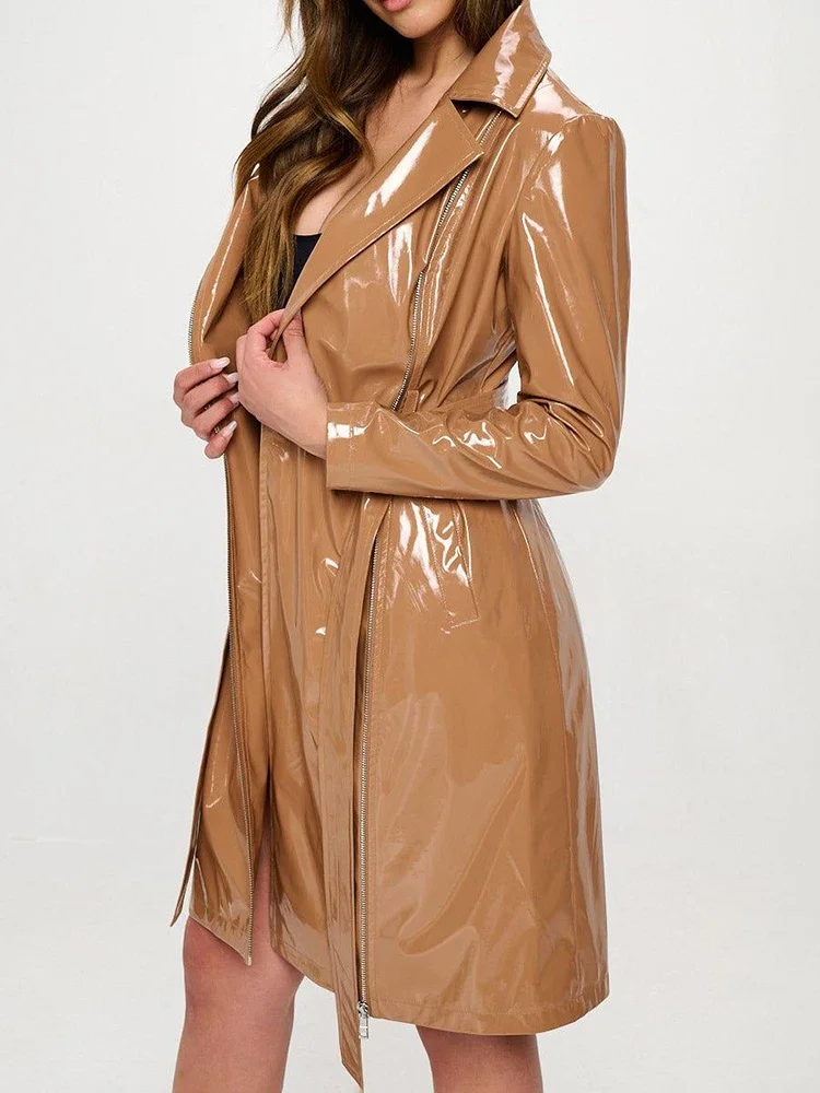 Women Shiny Faux Leather Tie U - Trench Coat Formal recension och pris